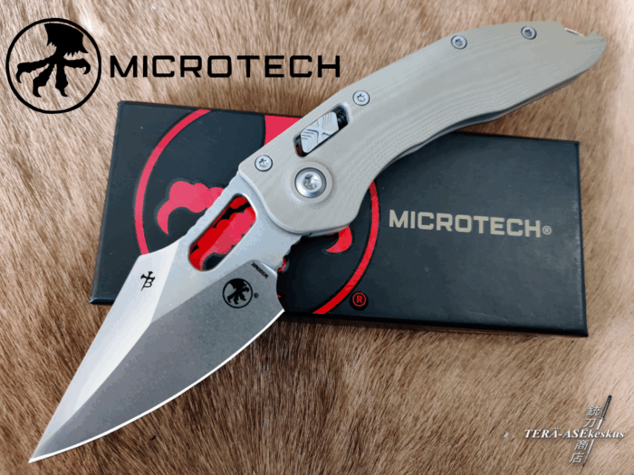 Microtech Stitch Stonewashed Fluted G10 Tan folding knife